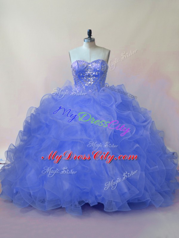 Romantic Beading and Ruffles Quinceanera Dresses Blue Lace Up Sleeveless Floor Length