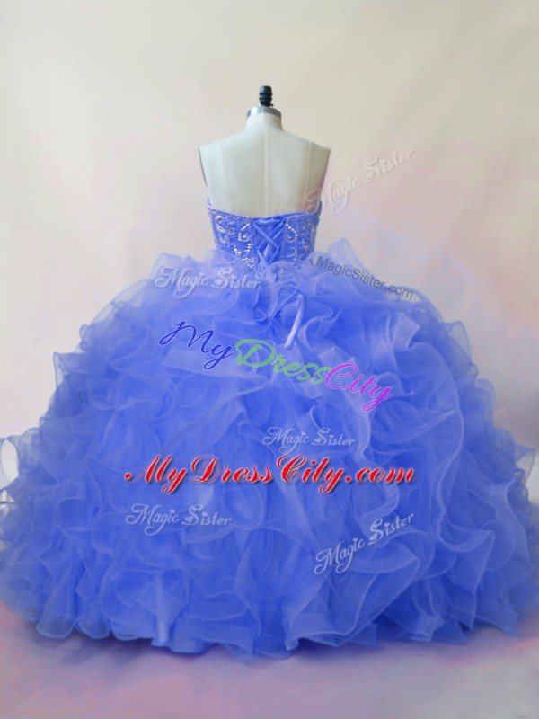 Romantic Beading and Ruffles Quinceanera Dresses Blue Lace Up Sleeveless Floor Length