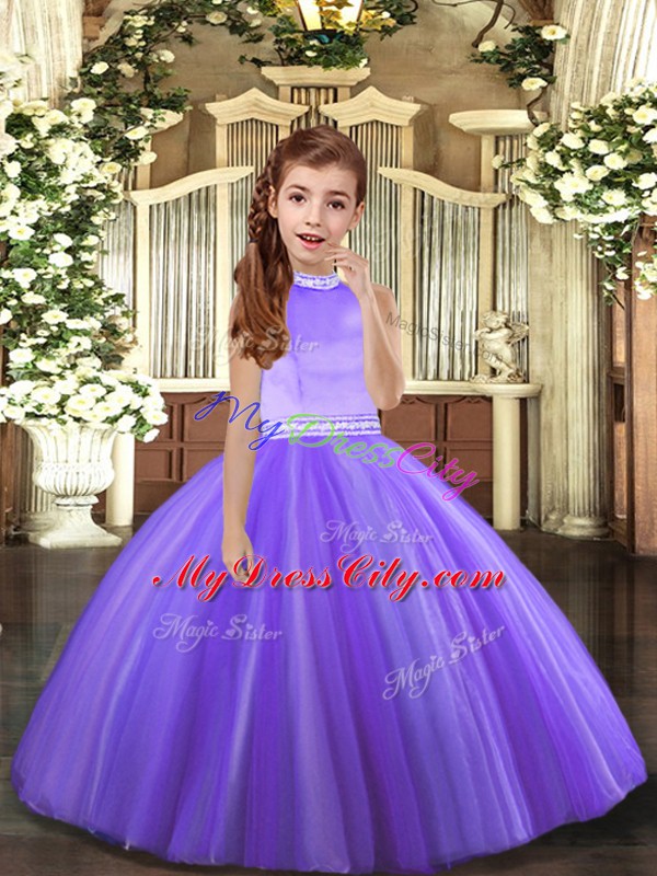 Lavender Backless Little Girl Pageant Dress Beading Sleeveless Floor Length