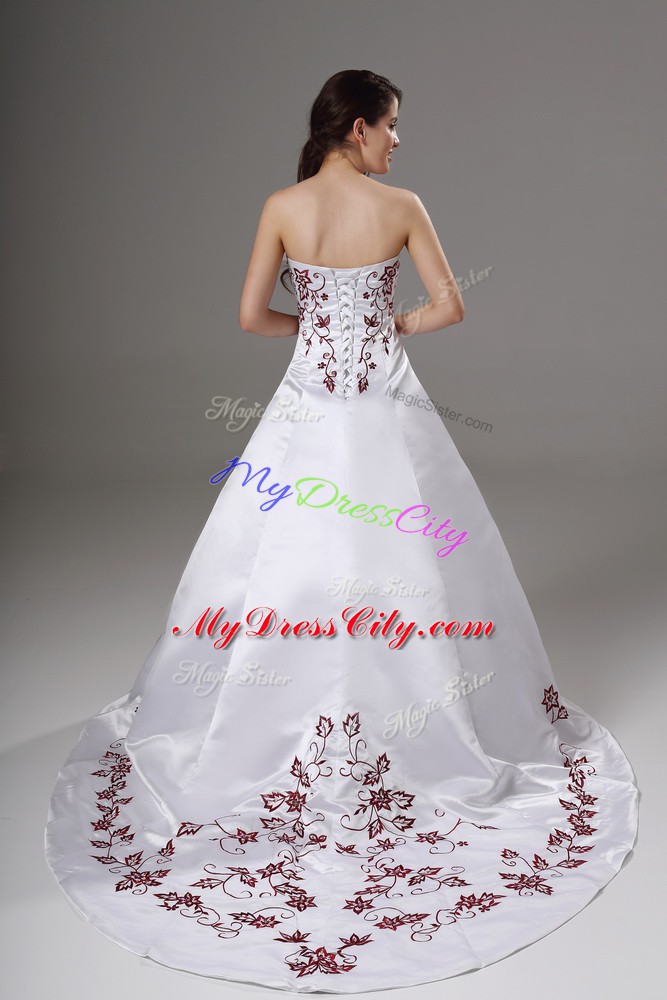 Flirting White Ball Gowns Satin Strapless Sleeveless Embroidery Lace Up Wedding Gown Brush Train