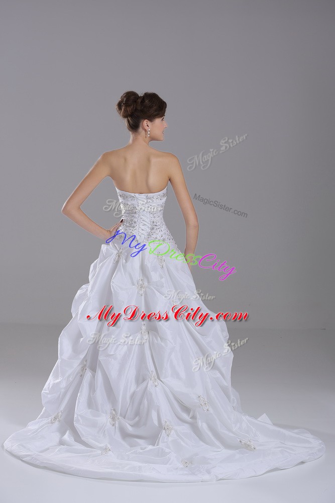 White Strapless Neckline Beading and Pick Ups Wedding Dress Sleeveless Lace Up