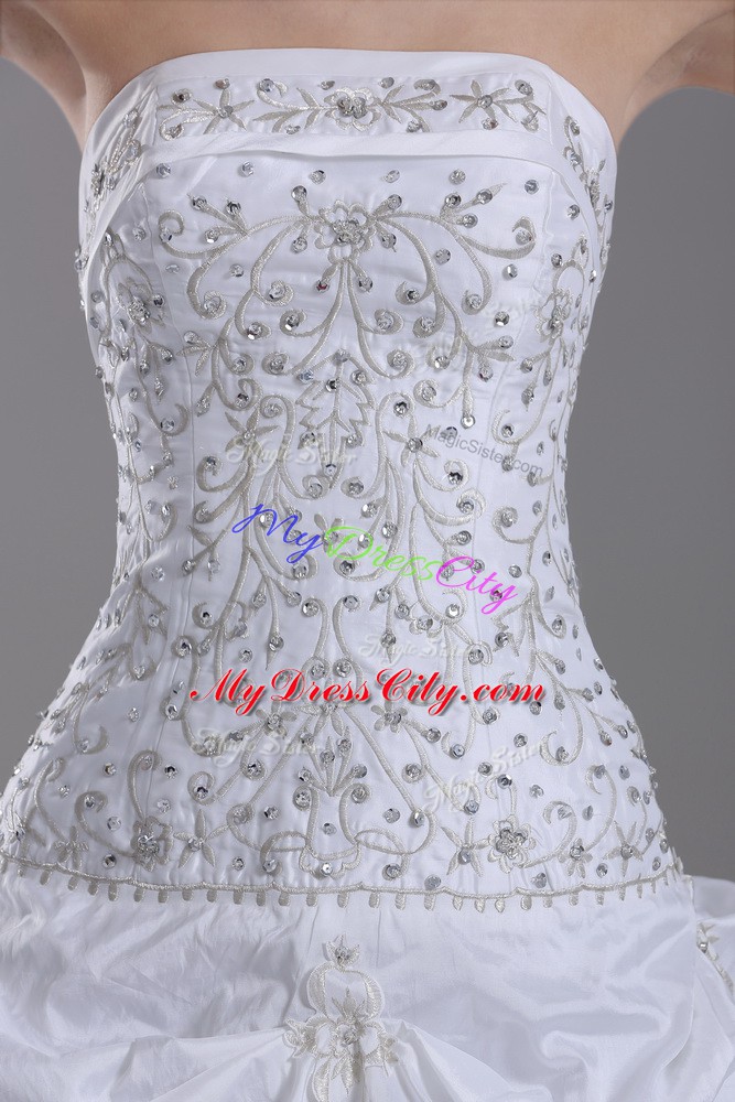 White Strapless Neckline Beading and Pick Ups Wedding Dress Sleeveless Lace Up