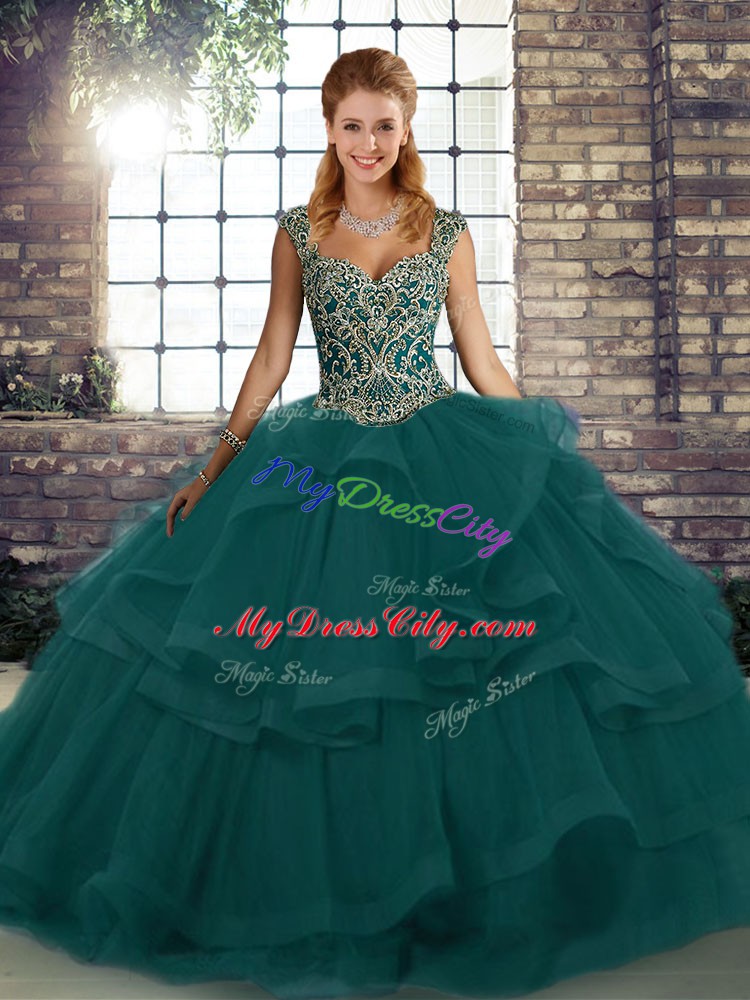 Enchanting Sleeveless Floor Length Beading and Ruffles Lace Up Sweet 16 Quinceanera Dress with Peacock Green