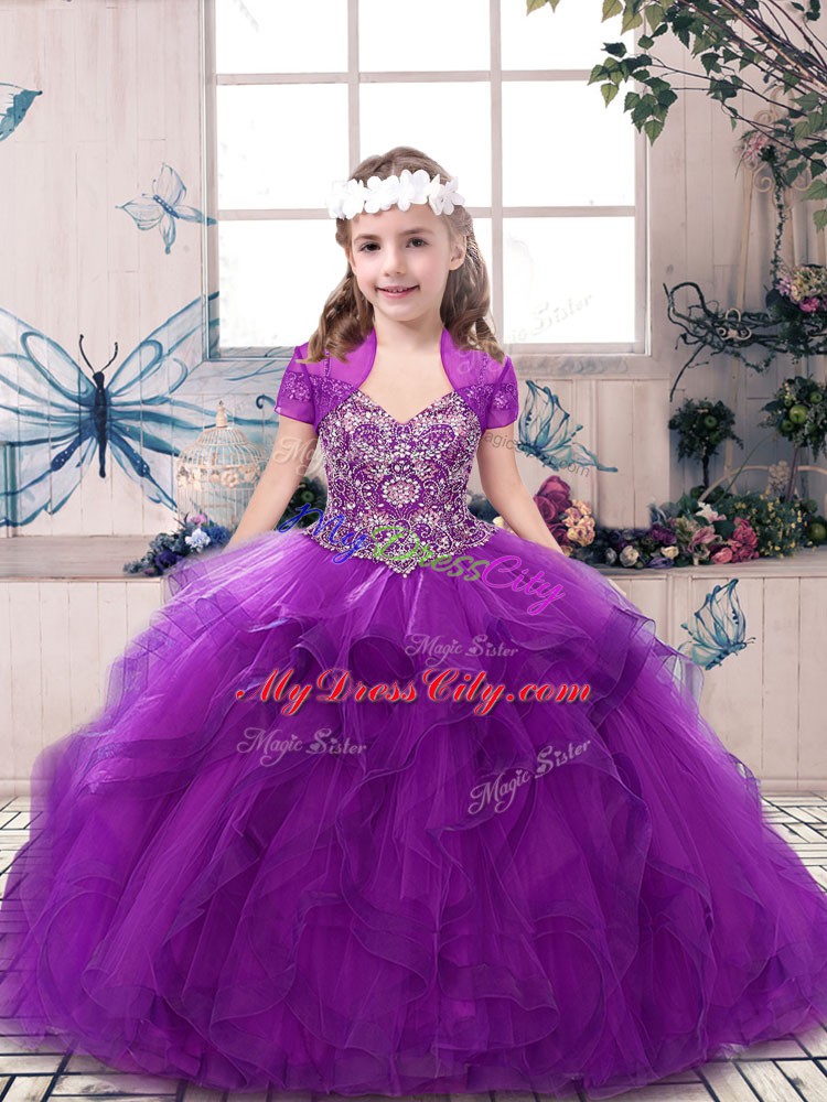 Purple Straps Lace Up Beading and Ruffles Child Pageant Dress Sleeveless