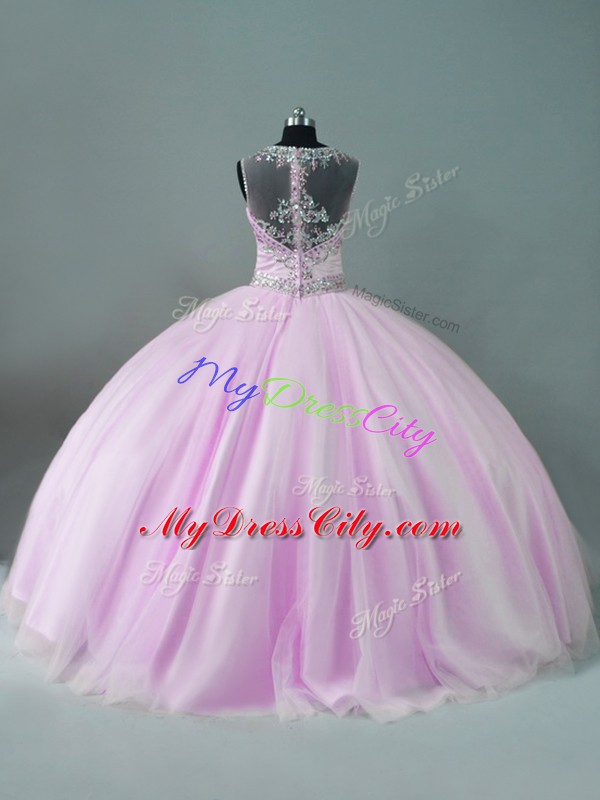 Custom Fit Lilac Zipper Scoop Beading Quinceanera Gowns Tulle Sleeveless