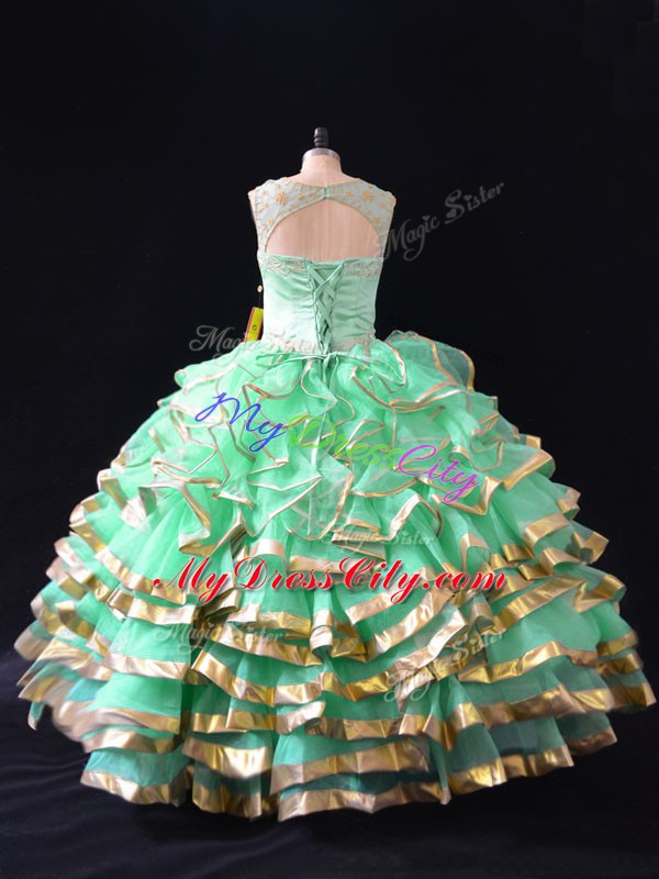 Sleeveless Organza Floor Length Lace Up Quinceanera Dress in Apple Green with Ruffles