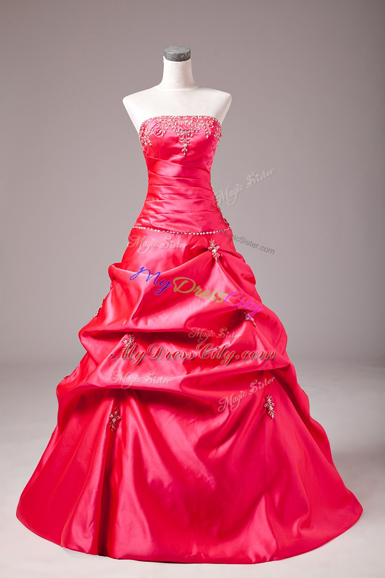 Hot Pink Taffeta Lace Up Sweet 16 Quinceanera Dress Sleeveless Floor Length Beading and Appliques