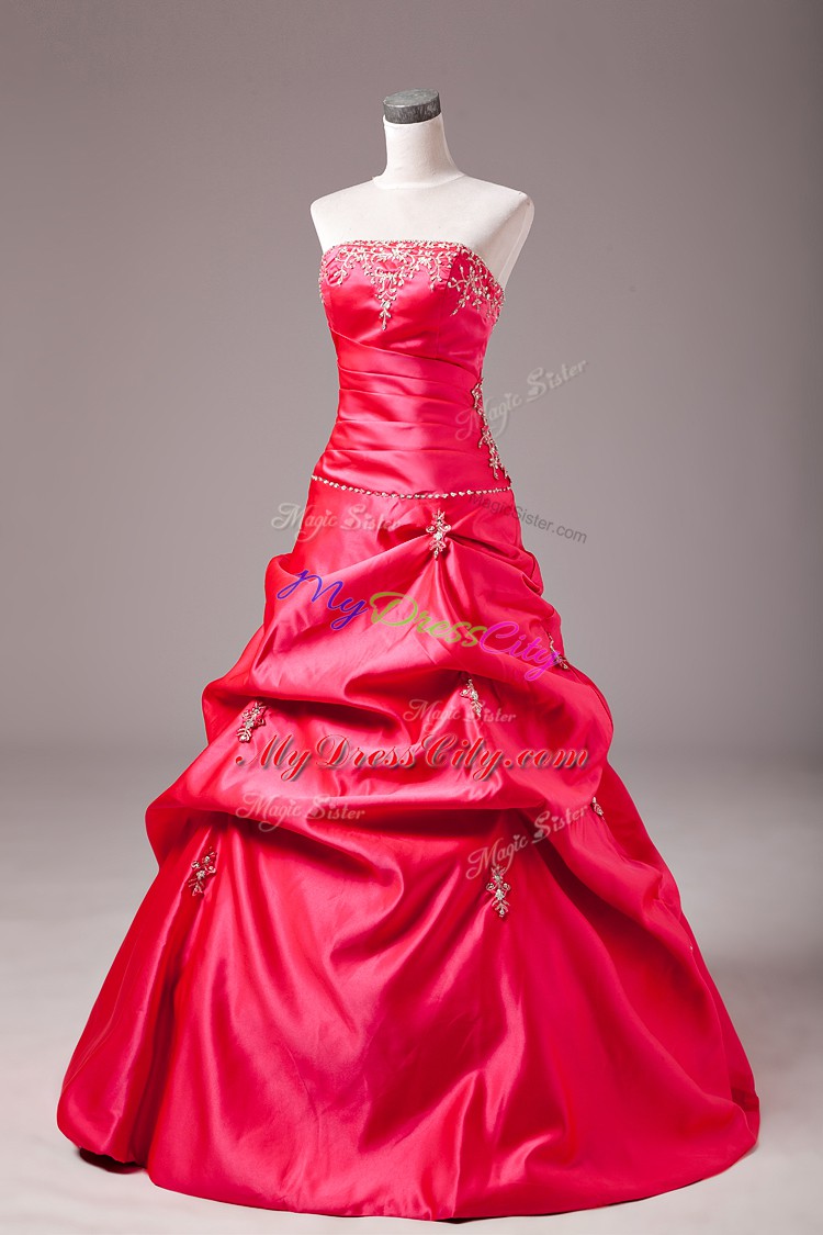 Hot Pink Taffeta Lace Up Sweet 16 Quinceanera Dress Sleeveless Floor Length Beading and Appliques