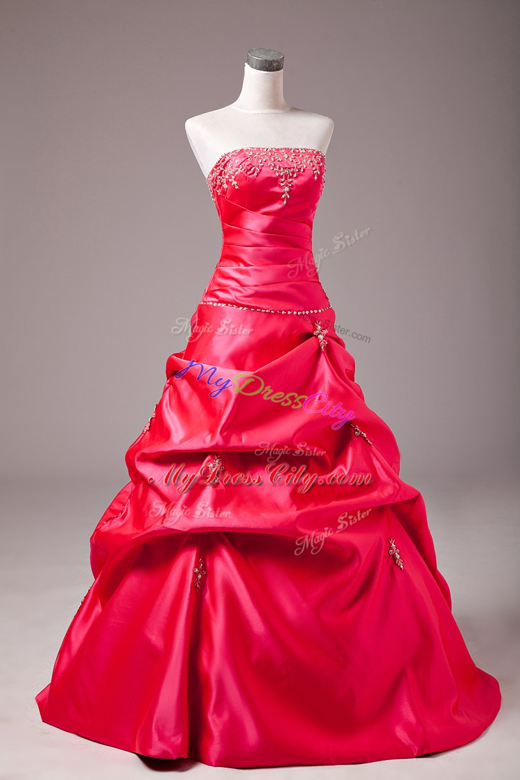 Hot Pink Taffeta Lace Up Sweet 16 Quinceanera Dress Sleeveless Floor Length Beading and Appliques