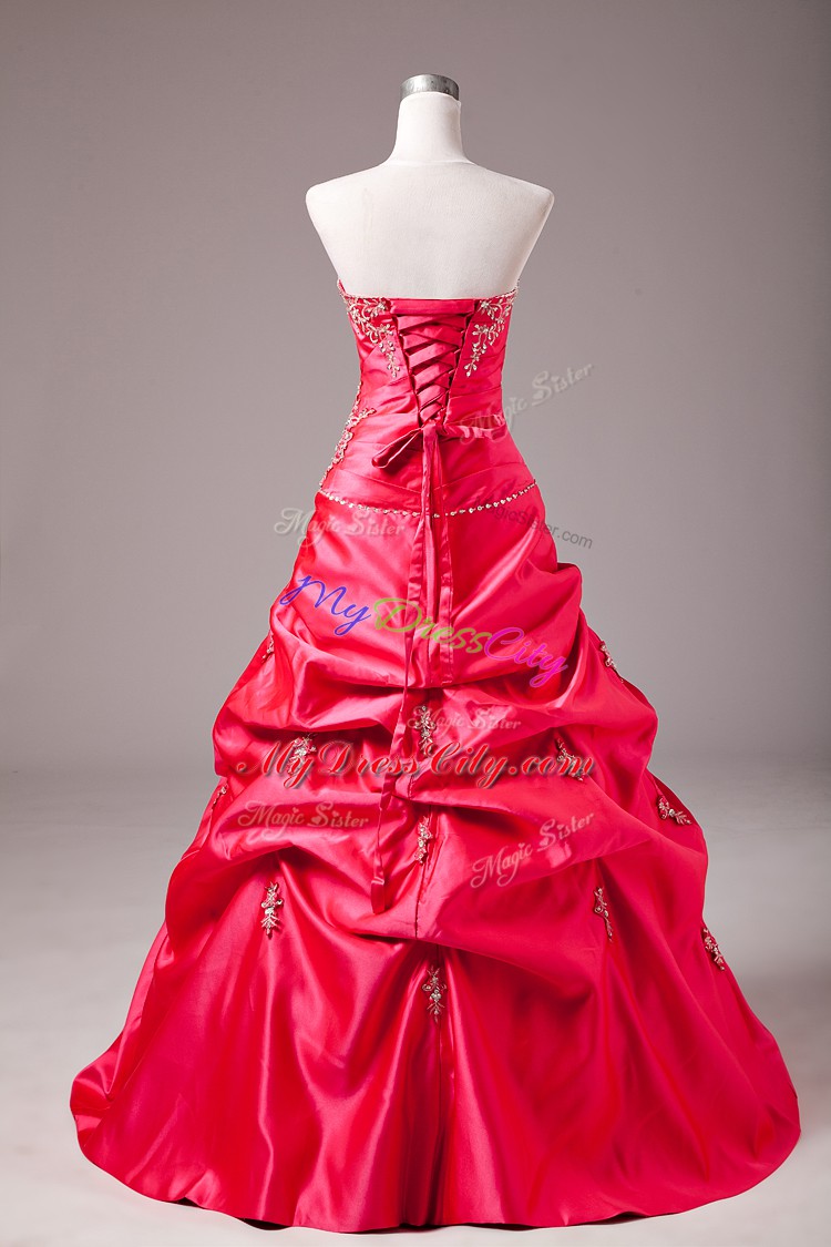 Hot Pink Taffeta Lace Up Sweet 16 Quinceanera Dress Sleeveless Floor Length Beading and Appliques