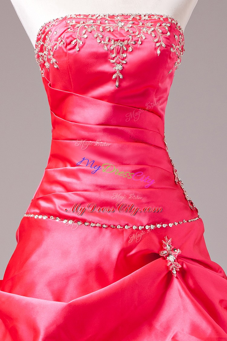 Hot Pink Taffeta Lace Up Sweet 16 Quinceanera Dress Sleeveless Floor Length Beading and Appliques