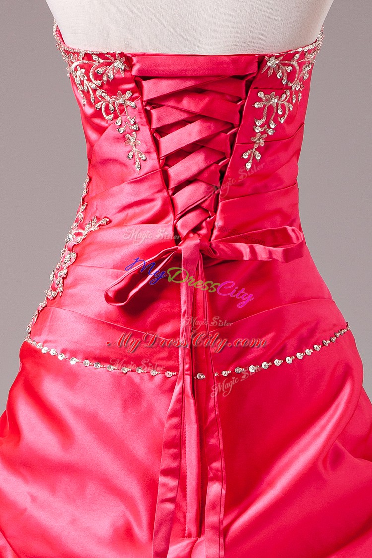 Hot Pink Taffeta Lace Up Sweet 16 Quinceanera Dress Sleeveless Floor Length Beading and Appliques