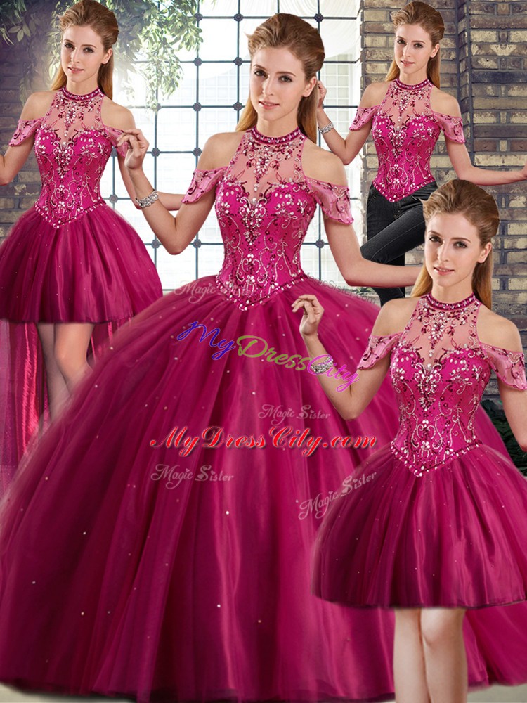 Fuchsia Sleeveless Brush Train Beading Quinceanera Gowns