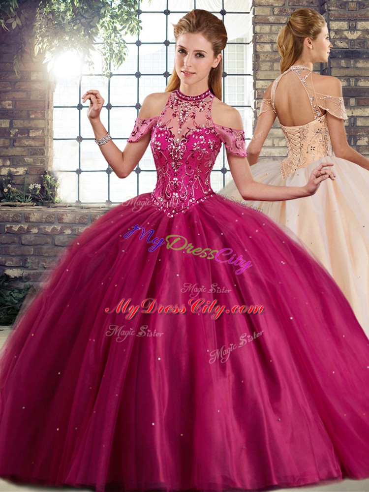 Fuchsia Sleeveless Brush Train Beading Quinceanera Gowns