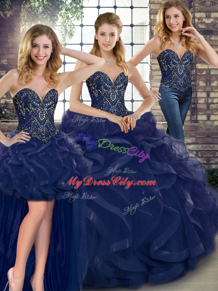 Sweetheart Sleeveless Lace Up Sweet 16 Dresses Navy Blue Tulle