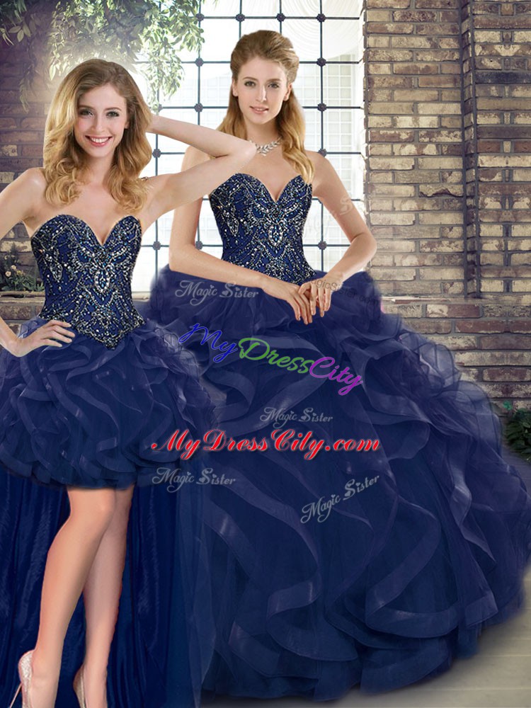 Sweetheart Sleeveless Lace Up Sweet 16 Dresses Navy Blue Tulle