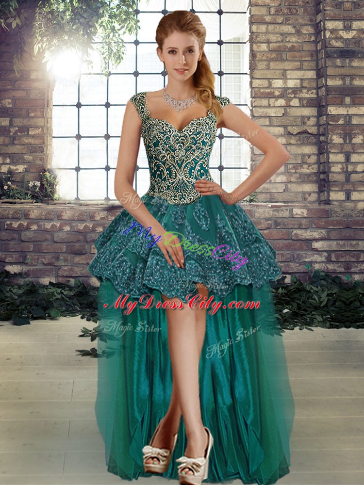 Dark Green Straps Lace Up Beading and Lace Sleeveless