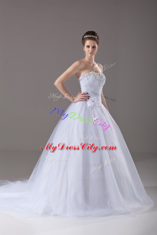 Pretty White Sweetheart Neckline Beading and Hand Made Flower Wedding Dress Sleeveless Lace Up