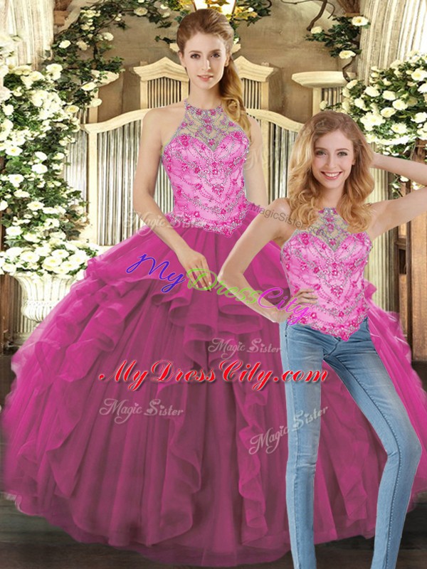 Exquisite Floor Length Fuchsia Quinceanera Gowns Halter Top Sleeveless Lace Up