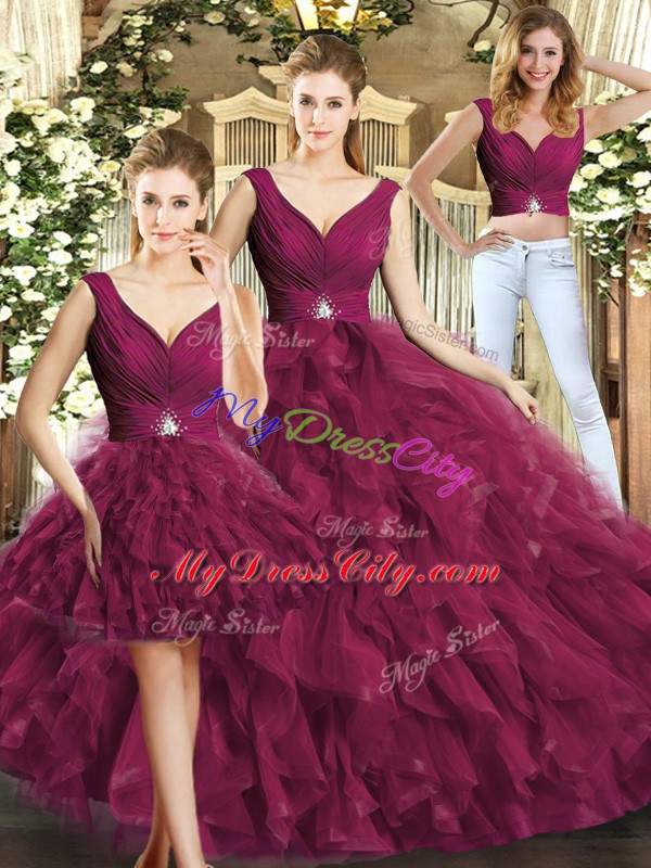 Custom Fit Sleeveless Tulle Floor Length Backless 15th Birthday Dress in Burgundy with Beading and Ruffles