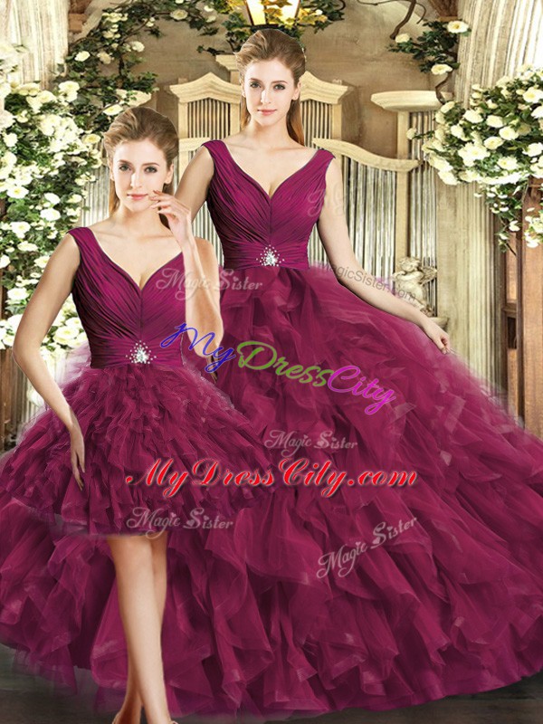 Custom Fit Sleeveless Tulle Floor Length Backless 15th Birthday Dress in Burgundy with Beading and Ruffles