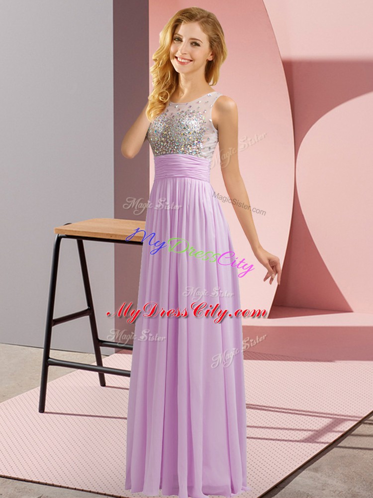 Top Selling Lavender Chiffon Side Zipper Bridesmaid Dresses Sleeveless Floor Length Beading