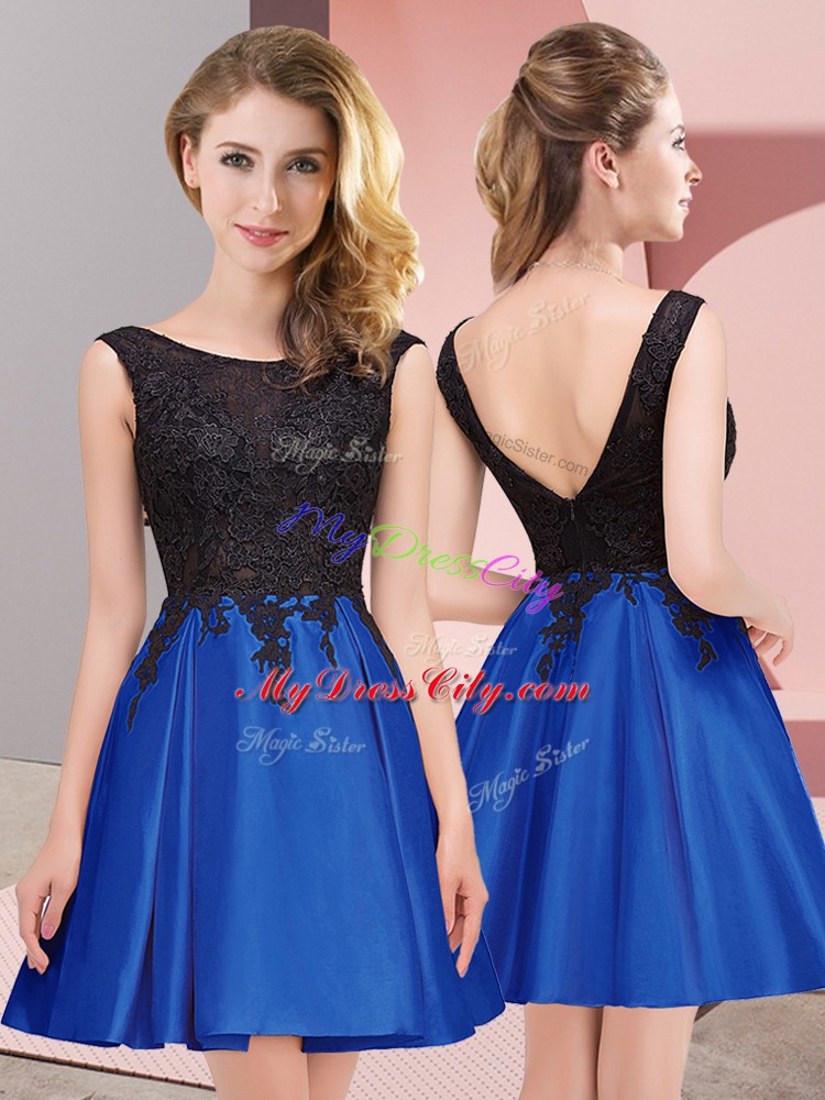 Mini Length Royal Blue Quinceanera Court of Honor Dress Satin Sleeveless Lace