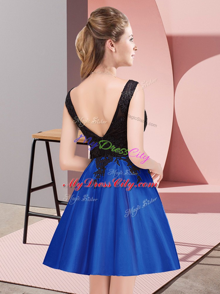 Mini Length Royal Blue Quinceanera Court of Honor Dress Satin Sleeveless Lace