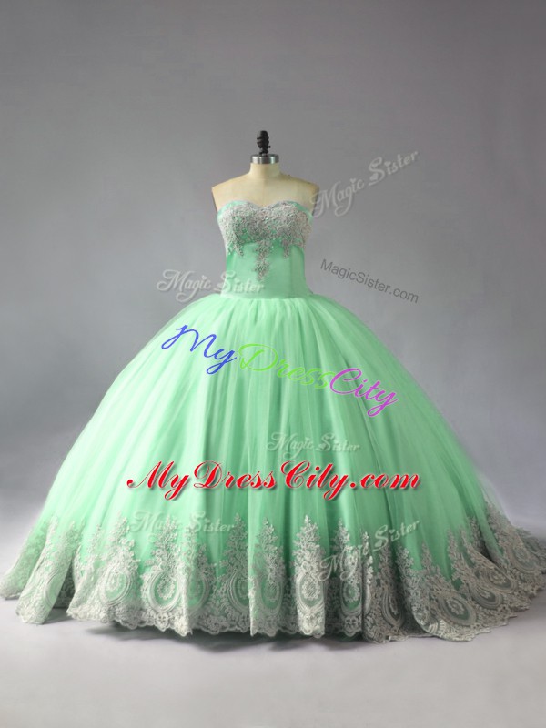 Lace Up 15 Quinceanera Dress Apple Green for Sweet 16 and Quinceanera with Appliques Court Train