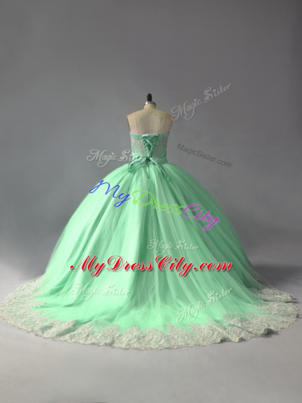 Lace Up 15 Quinceanera Dress Apple Green for Sweet 16 and Quinceanera with Appliques Court Train