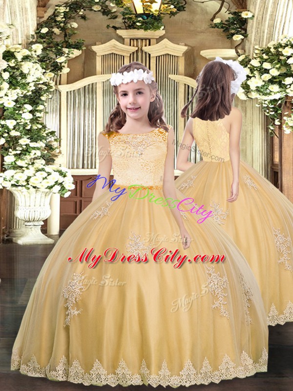 Ball Gowns Pageant Dress for Womens Gold Scoop Tulle Sleeveless Floor Length Zipper