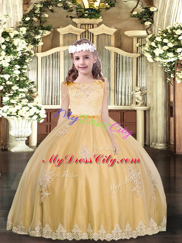 Ball Gowns Pageant Dress for Womens Gold Scoop Tulle Sleeveless Floor Length Zipper