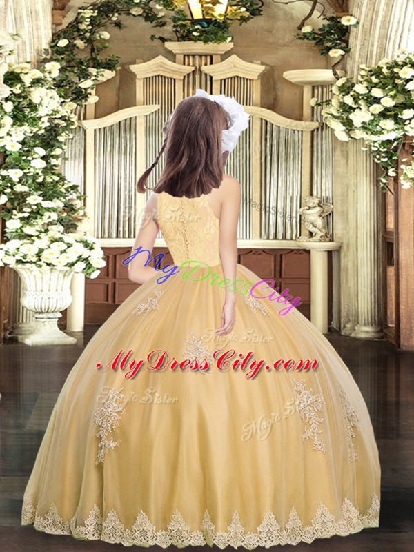 Ball Gowns Pageant Dress for Womens Gold Scoop Tulle Sleeveless Floor Length Zipper