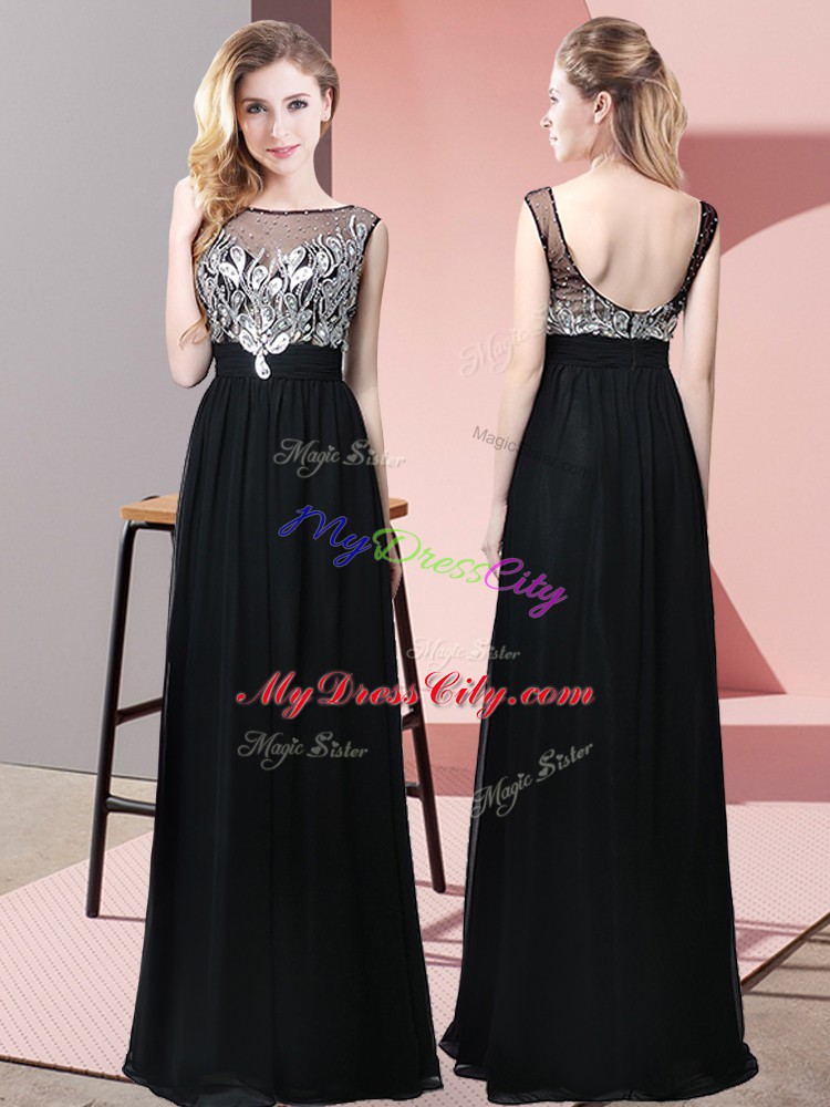 Customized Black Empire Beading Dress for Prom Backless Chiffon Sleeveless Floor Length