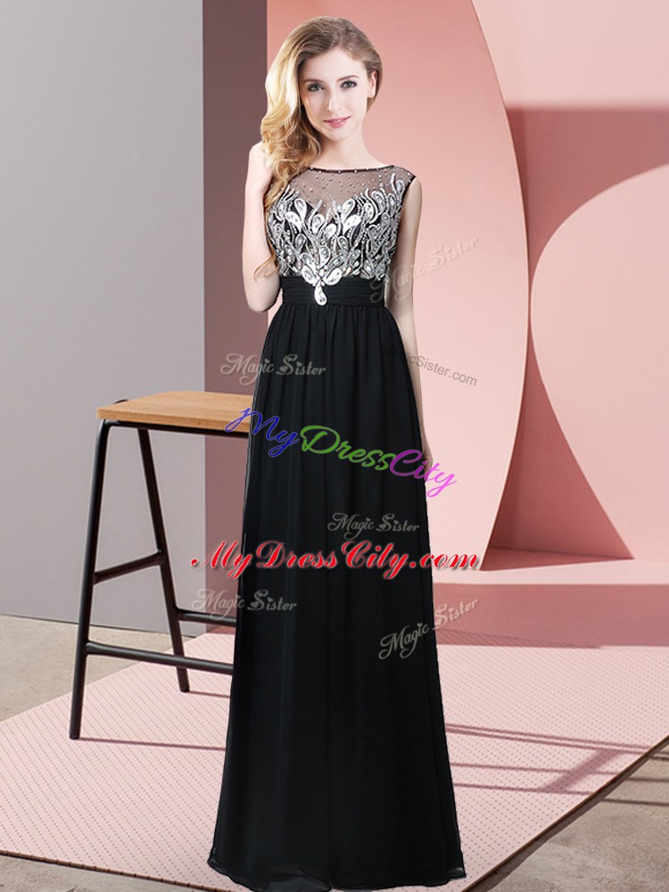 Customized Black Empire Beading Dress for Prom Backless Chiffon Sleeveless Floor Length