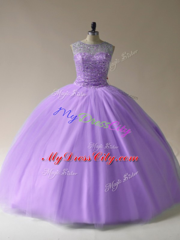 Lavender Lace Up 15 Quinceanera Dress Beading Sleeveless Floor Length