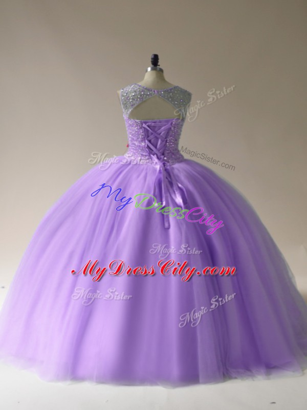 Lavender Lace Up 15 Quinceanera Dress Beading Sleeveless Floor Length