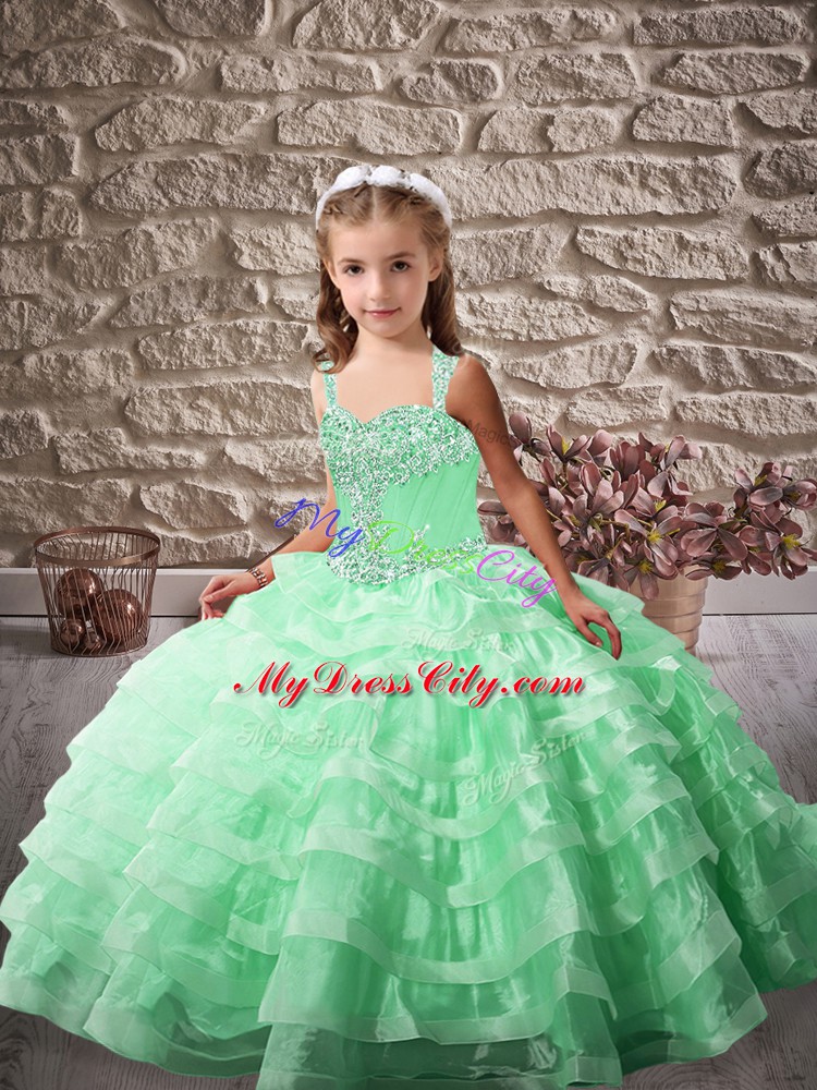 Apple Green Straps Neckline Beading and Ruffled Layers Custom Made Pageant Dress Sleeveless Lace Up