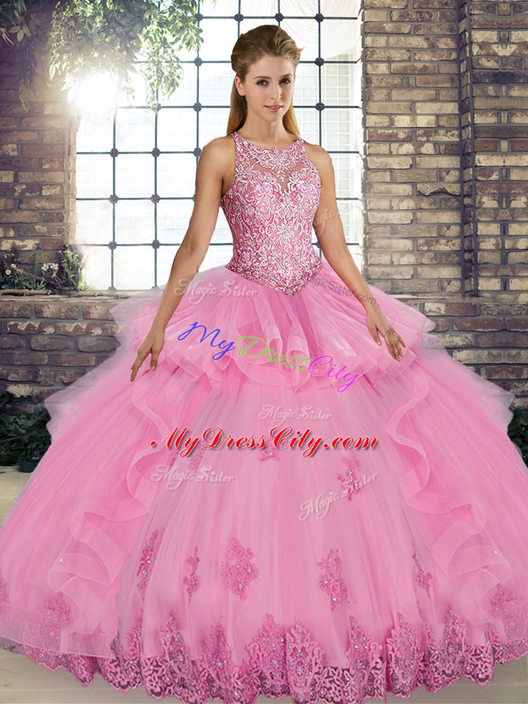 Rose Pink Tulle Lace Up Sweet 16 Dress Sleeveless Floor Length Lace and Embroidery and Ruffles