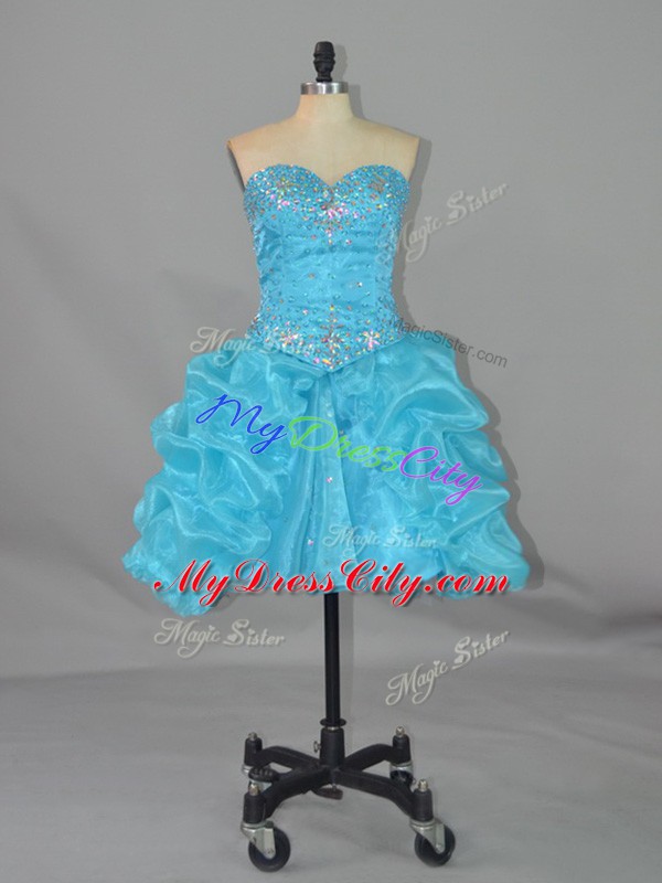 Aqua Blue Organza Lace Up Prom Homecoming Dress Sleeveless Mini Length Beading and Pick Ups