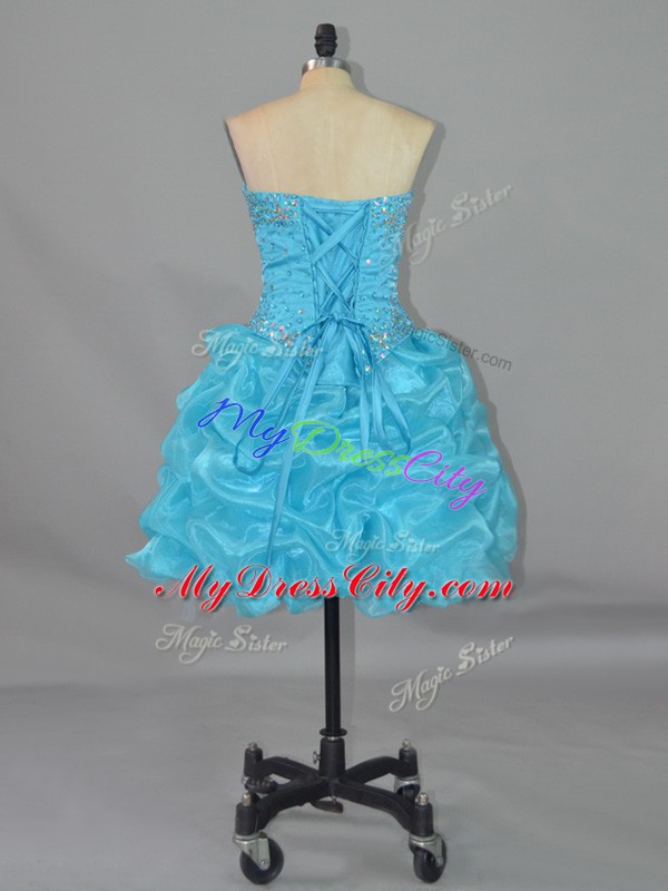 Aqua Blue Organza Lace Up Prom Homecoming Dress Sleeveless Mini Length Beading and Pick Ups