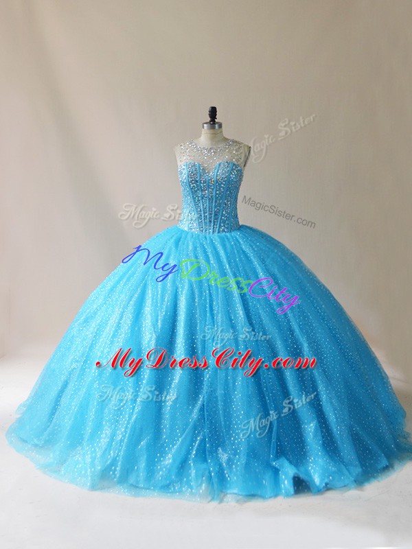 High End Scoop Sleeveless Court Train Lace Up Quince Ball Gowns Baby Blue Organza