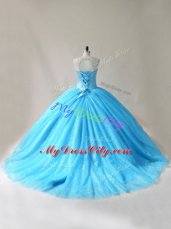 High End Scoop Sleeveless Court Train Lace Up Quince Ball Gowns Baby Blue Organza