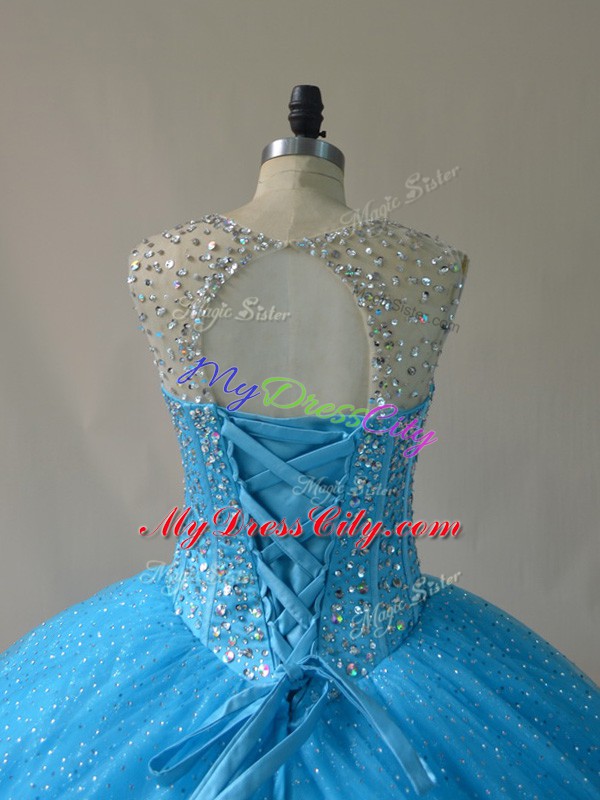 High End Scoop Sleeveless Court Train Lace Up Quince Ball Gowns Baby Blue Organza