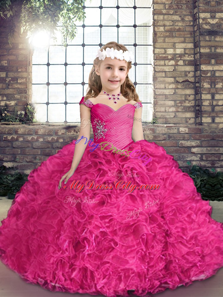 Stylish Sleeveless Floor Length Beading Lace Up Pageant Dress with Fuchsia