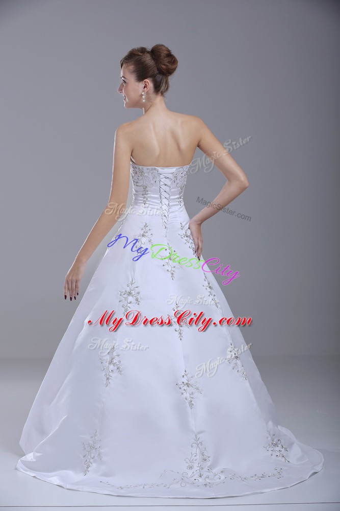 Fabulous Brush Train Ball Gowns Wedding Dresses White Strapless Satin Sleeveless Lace Up