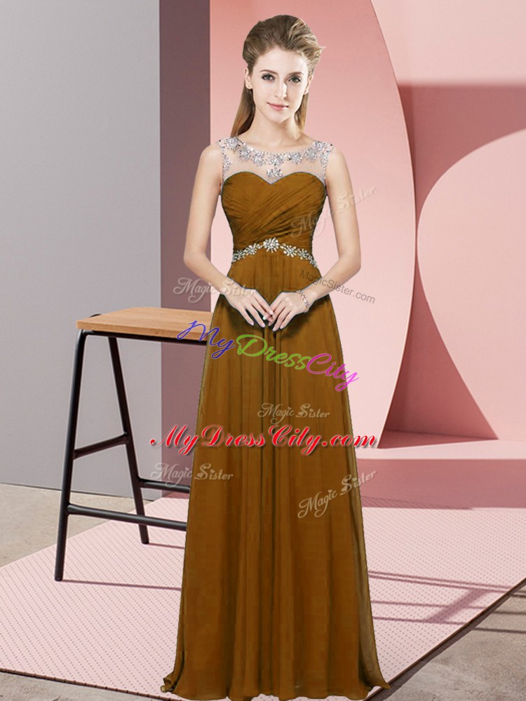 Scoop Sleeveless Floor Length Beading and Ruching Brown Chiffon