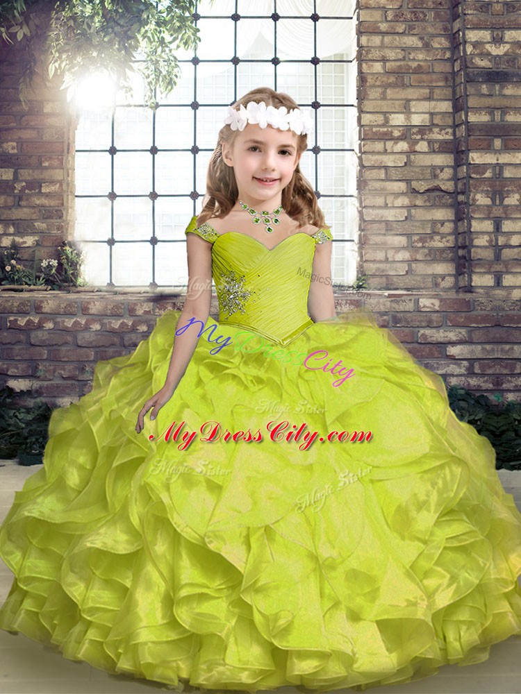 Lovely Ball Gowns Kids Pageant Dress Yellow Green Spaghetti Straps Organza Sleeveless Floor Length Lace Up