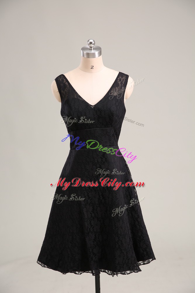 Customized Lace V-neck Sleeveless Zipper Lace Dress for Prom in Black