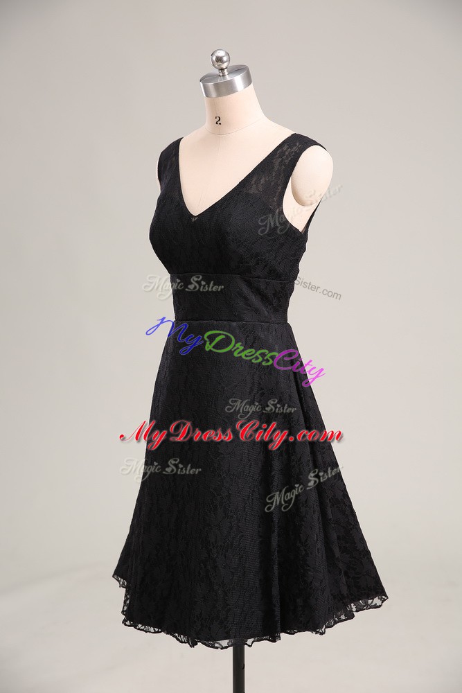 Customized Lace V-neck Sleeveless Zipper Lace Dress for Prom in Black